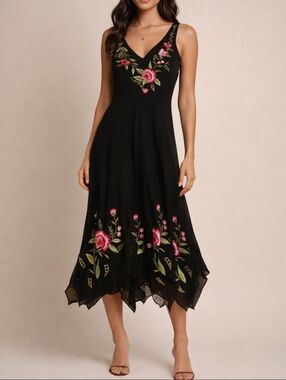 Cache Black  Y2k Floral Embroidered V Neck Midi Dress Size 2 Small